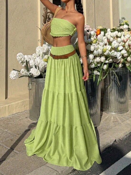 Dresses & Skirts - Green Casual Women's Textured High Waist Tiered Hem Skirt